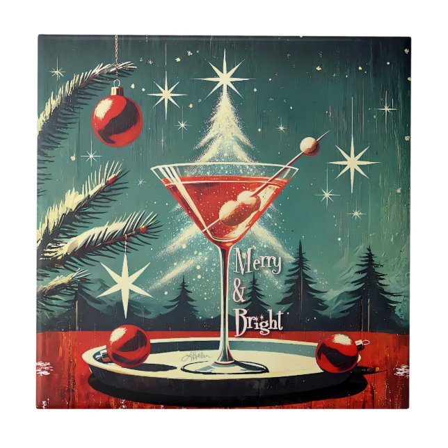 Retro 50s Snöflinga Julgran Martini Kakelplatta (Framsidan)