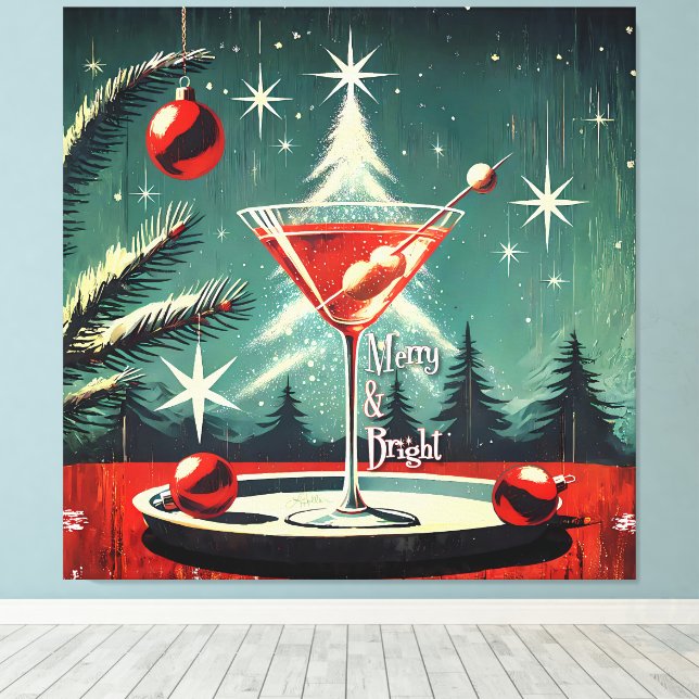 Retro 50s Snow Flurry Christmas Tree Martini Canvastryck (Insitu (trägolv))