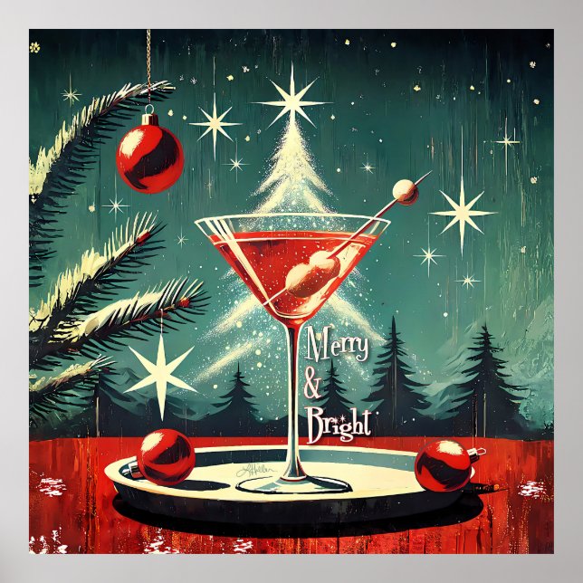 Retro 50s Snow Flurry Christmas Tree Martini Poster (Framsidan)