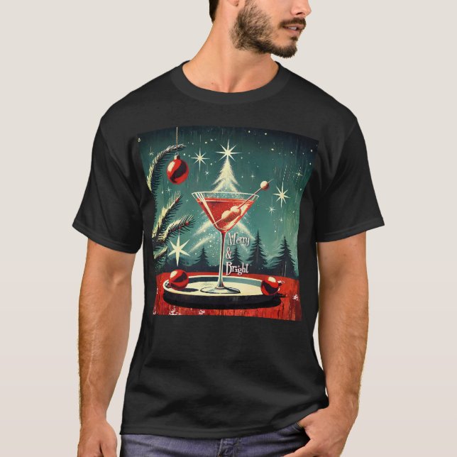 Retro 50s Snow Flurry Christmas Tree Martini T Shirt (Framsida)