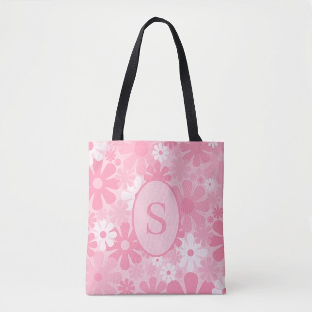 Retro 60- och 70-tals blommönster med initial rosa tygkasse (Framsida)
