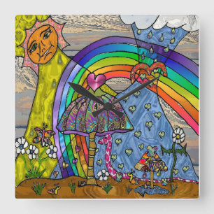Retro 60 s Psychedelic Magic Mushroom Sq Clock Fyrkantig Klocka