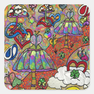 Retro 60 s Psychedelic Magic Mushroom Sqr Sticker Fyrkantigt Klistermärke
