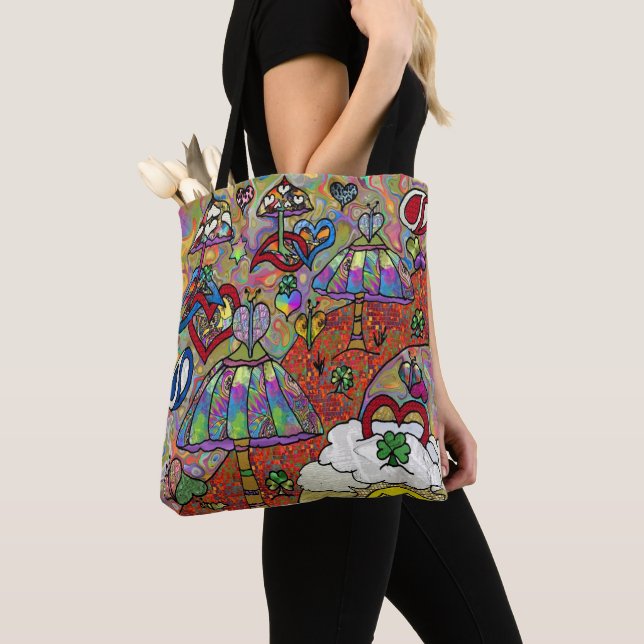 Retro 60 s Psychedelic Magic Mushroom Tote Bag Tygkasse (Närbild)