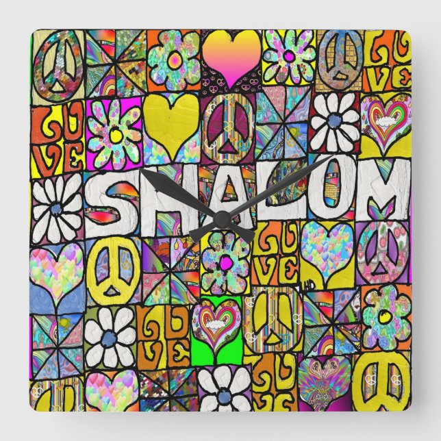 Retro 60 s Psychedelic Shalom KÄRLEK Fyrkantig Klocka (Framsida)