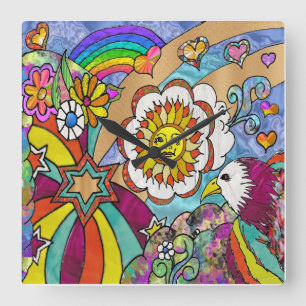 Retro 60 s Psychedelic Sunshine Eagle Clock Fyrkantig Klocka