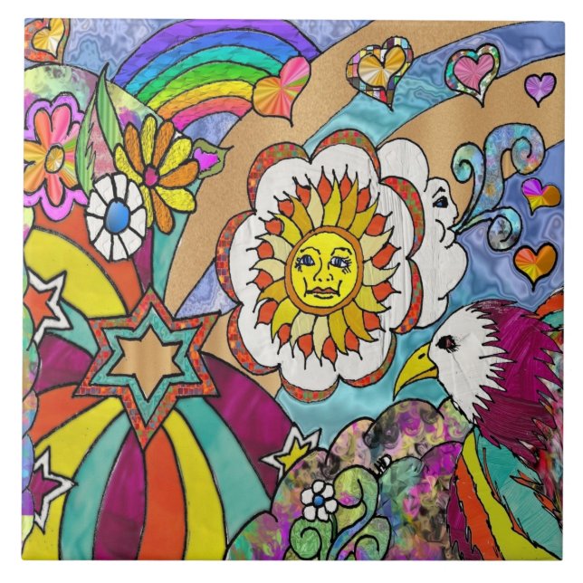 Retro 60 s Psychedelic Sunshine Eagle Kakelplatta (Framsidan)