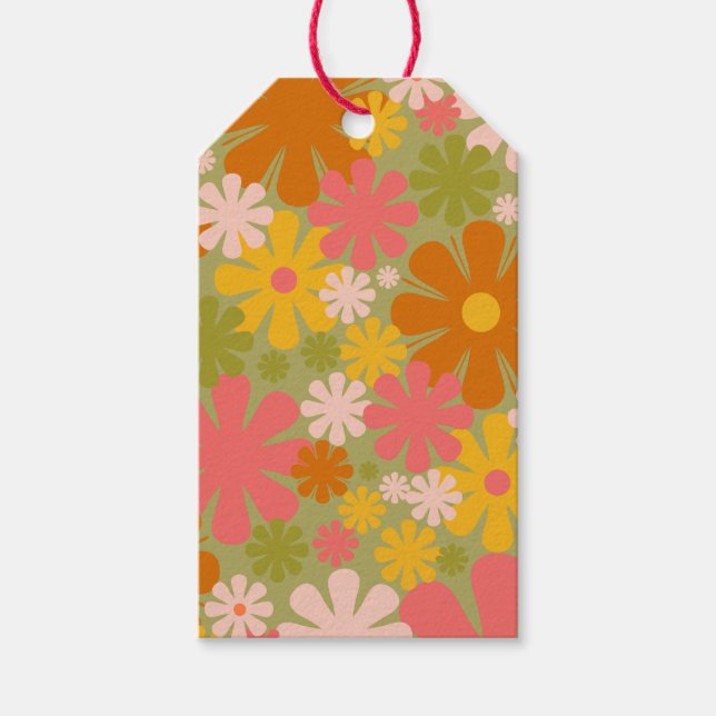 Retro 60-tal, 70-tal, estetiskt Blommönster Presentetikett (Framsidan)