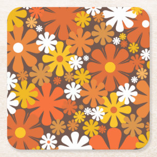 Retro 60-tal, 70-tal, estetiskt Blommönster Underlägg Papper Kvadrat