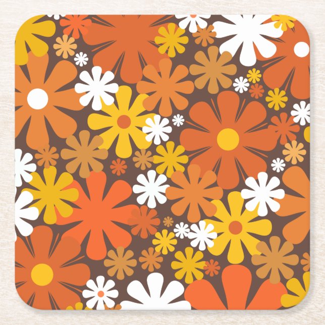Retro 60-tal, 70-tal, estetiskt Blommönster Underlägg Papper Kvadrat (Framsidan)