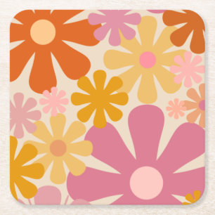 Retro 60-tal, 70-tal, estetiskt Blommönster Underlägg Papper Kvadrat