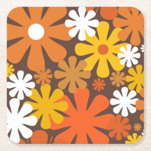 Retro 60-tal, 70-tal, estetiskt Blommönster Underlägg Papper Kvadrat