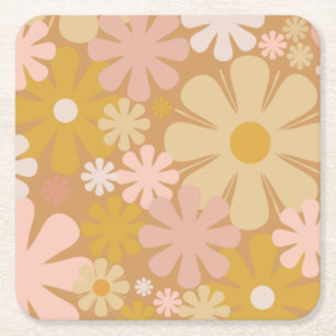 Retro 60-tal, 70-tal, estetiskt Blommönster Underlägg Papper Kvadrat