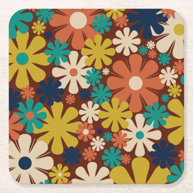 Retro 60-tal, 70-tal, estetiskt Blommönster Underlägg Papper Kvadrat (Framsidan)