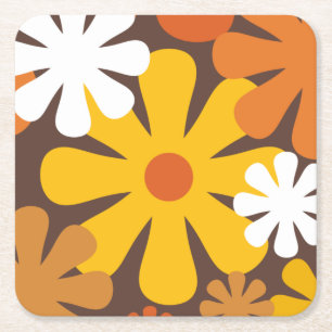 Retro 60-tal, 70-tal, estetiskt Blommönster Underlägg Papper Kvadrat