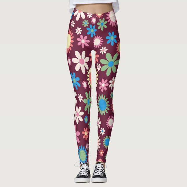 Retro 60-tal Flower Mönster Leggings (Framsida)