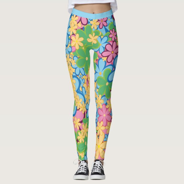 Retro 60-talets färgstarka blomsterkraftfull Mönst Leggings (Framsida)