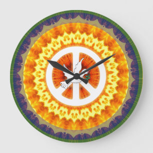 Retro 60-talets fredssymbol, vit Dove Olive Gren Stor Klocka