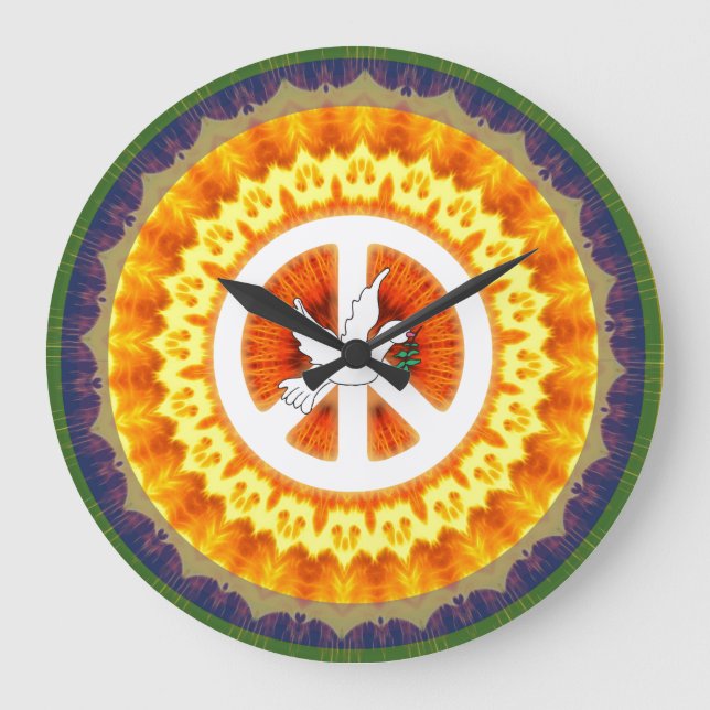 Retro 60-talets fredssymbol, vit Dove Olive Gren Stor Klocka (Framsida)
