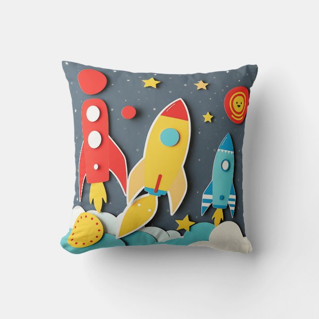 Retro 60-talets Stil-färgade raketdesign Kudde (Framsida)