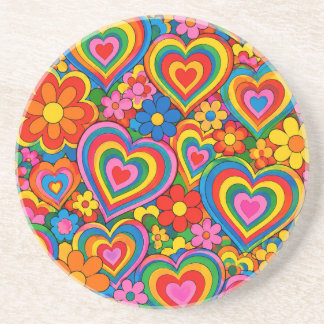 Retro 60-tals Groovy Hjärtan och Blommor Färgglad Underlägg
