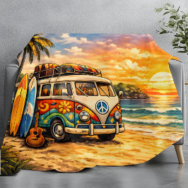 Retro 60-tals Hippie Strand Buss Solnedgång | Surf Fleecefilt