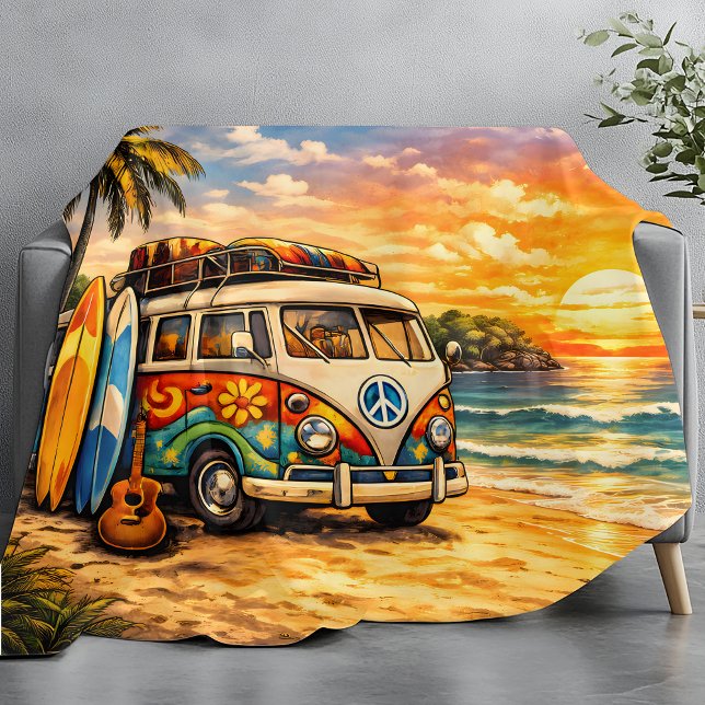 Retro 60-tals Hippie Strand Buss Solnedgång | Surf Fleecefilt (Skapare uppladdad)