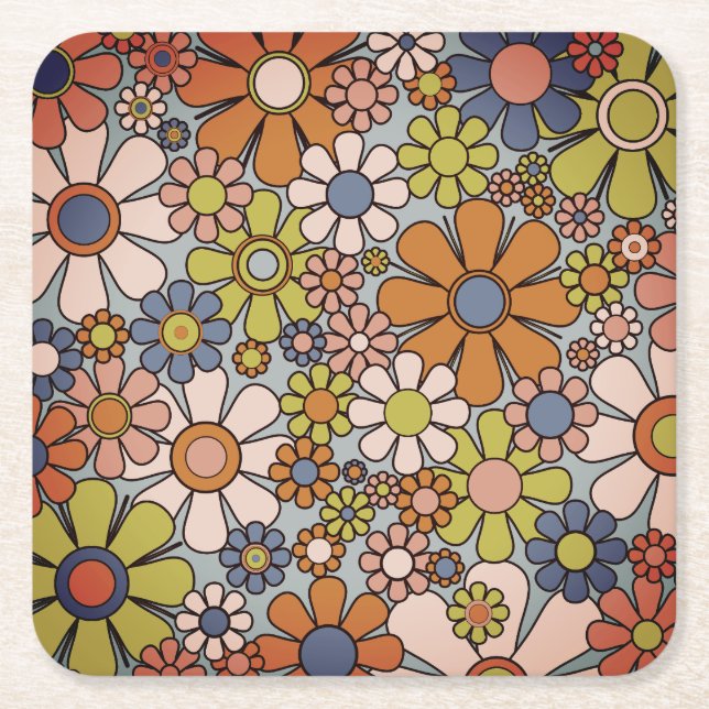 Retro 60s, 70:s Groovy-Blommigt Underlägg Papper Kvadrat (Framsidan)