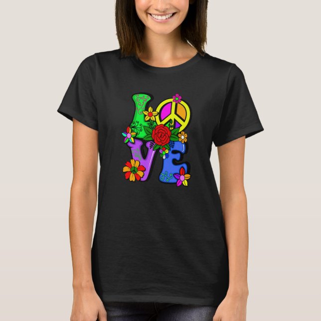 Retro 60's 70's Flower Power Hippy Groovy Love Pea T Shirt (Framsida)