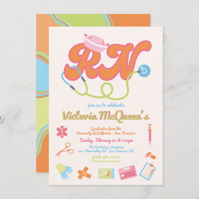 Retro 60's 70's Nurse Studenten Inbjudningar (Fram/baksida)