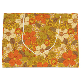 Retro 60s/70s-Orange och Oliv grönt Blommigt