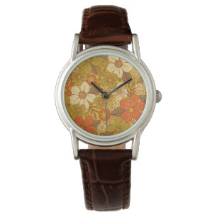Retro 60s/70s-Orange och Oliv grönt Blommigt Armbandsur