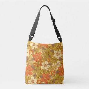 Retro 60s/70s-Orange och Oliv grönt Blommigt Axelväska