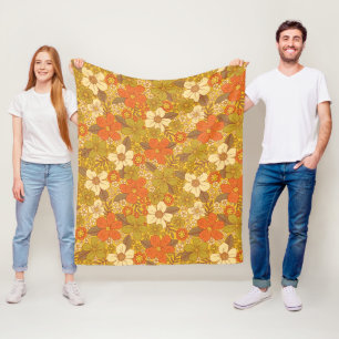 Retro 60s/70s-Orange och Oliv grönt Blommigt Fleecefilt