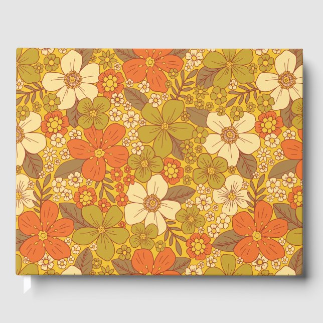 Retro 60s/70s-Orange och Oliv grönt Blommigt Gästböcker (Framsida)