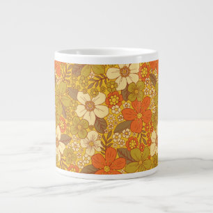 Retro 60s/70s-Orange och Oliv grönt Blommigt Jumbo Mugg