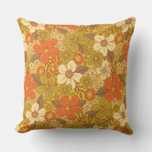 Retro 60s/70s-Orange och Oliv grönt Blommigt Kudde