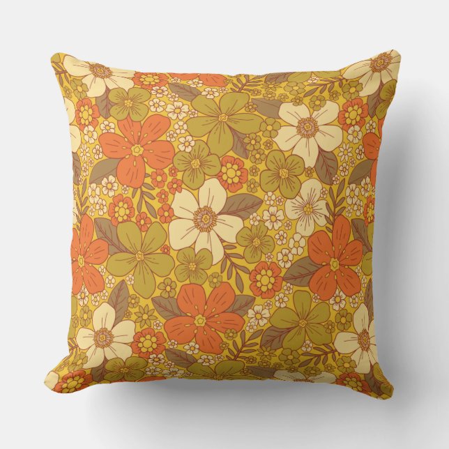 Retro 60s/70s-Orange och Oliv grönt Blommigt Kudde (Framsida)