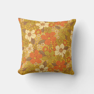 Retro 60s/70s-Orange och Oliv grönt Blommigt Kudde