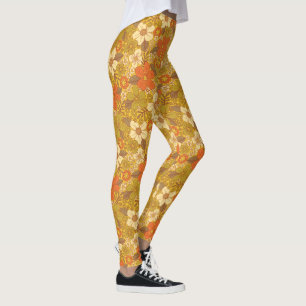 Retro 60s/70s-Orange och Oliv grönt Blommigt Leggings
