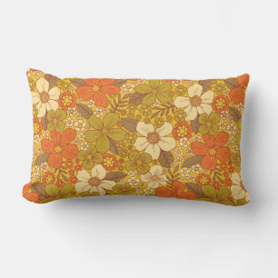 Retro 60s/70s-Orange och Oliv grönt Blommigt Lumbarkudde