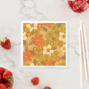 Retro 60s/70s-Orange och Oliv grönt Blommigt Pappersservett