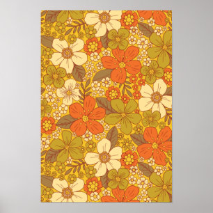 Retro 60s/70s-Orange och Oliv grönt Blommigt Poster