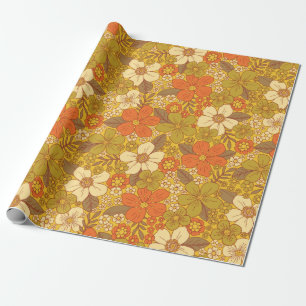 Retro 60s/70s-Orange och Oliv grönt Blommigt Presentpapper
