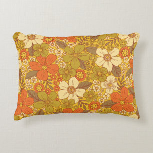 Retro 60s/70s-Orange och Oliv grönt Blommigt Prydnadskudde