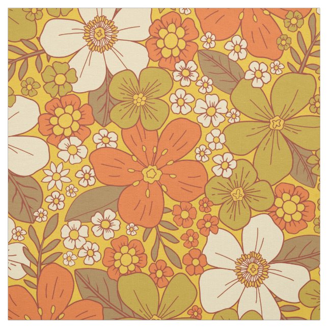 Retro 60s/70s-Orange och Oliv grönt Blommigt Tyg (Provkarta)