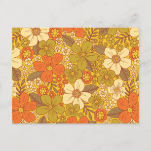 Retro 60s/70s-Orange och Oliv grönt Blommigt Vykort
