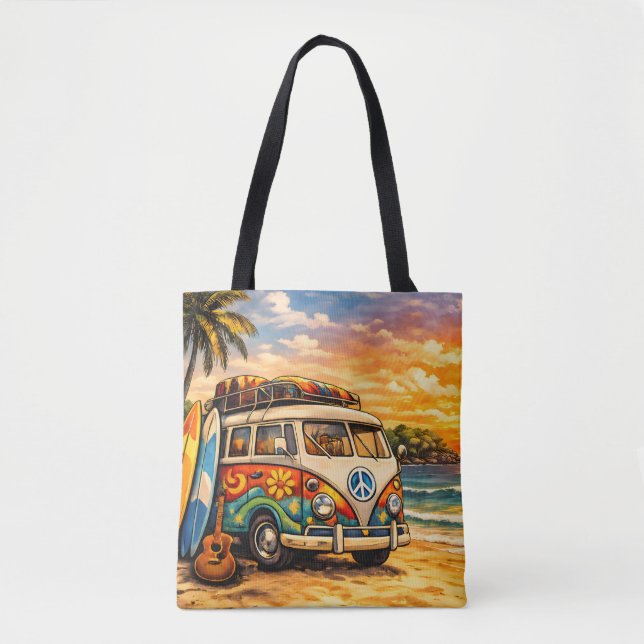 Retro 60s Hippie Beach Bus Sunset | Surf Life Art Tygkasse (Framsida)