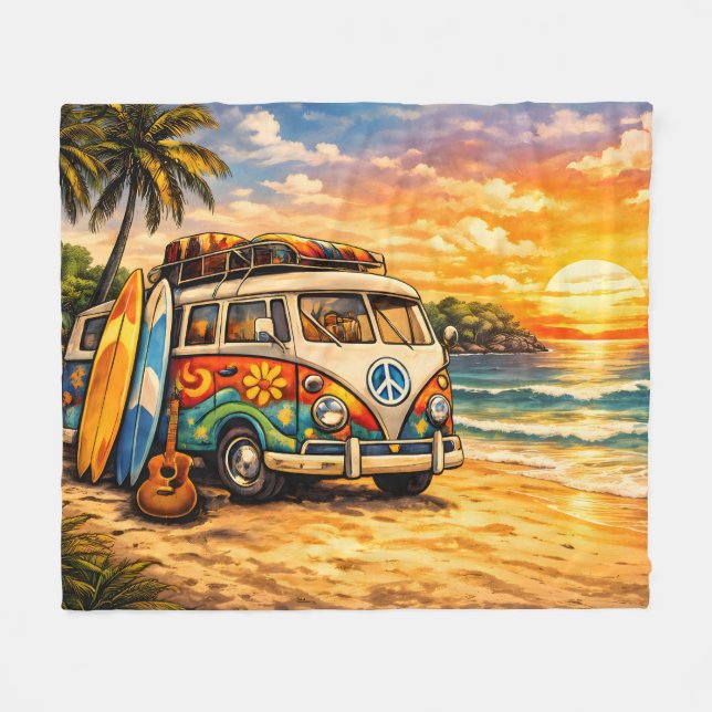 Retro 60s Hippie Beach Bus Sunset | Surf Van Life Fleecefilt (Framsidan (Horisontell))