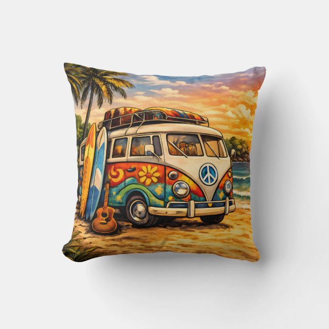Retro 60s Hippie Beach Bus Sunset | Surf Van Life Kudde (Framsida)